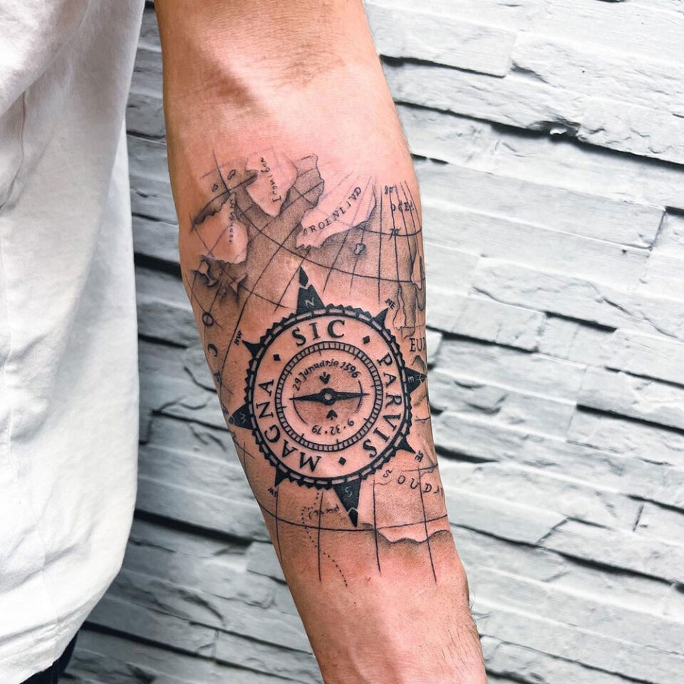 Compass on Parchment Skin Tattoo Source @anna_tattooss via Instagram
